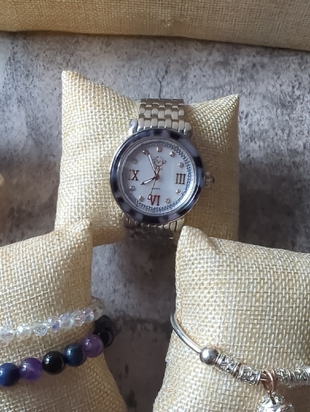 Bracelet & Watch Tray With Burlap Pillows. For display